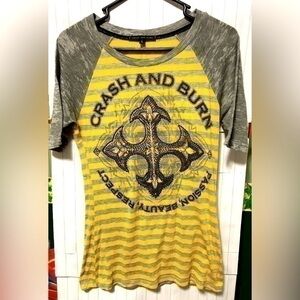 🍉Crash & Burn Yellow & Gray Striped Shirt gray Sleeves black accent gems